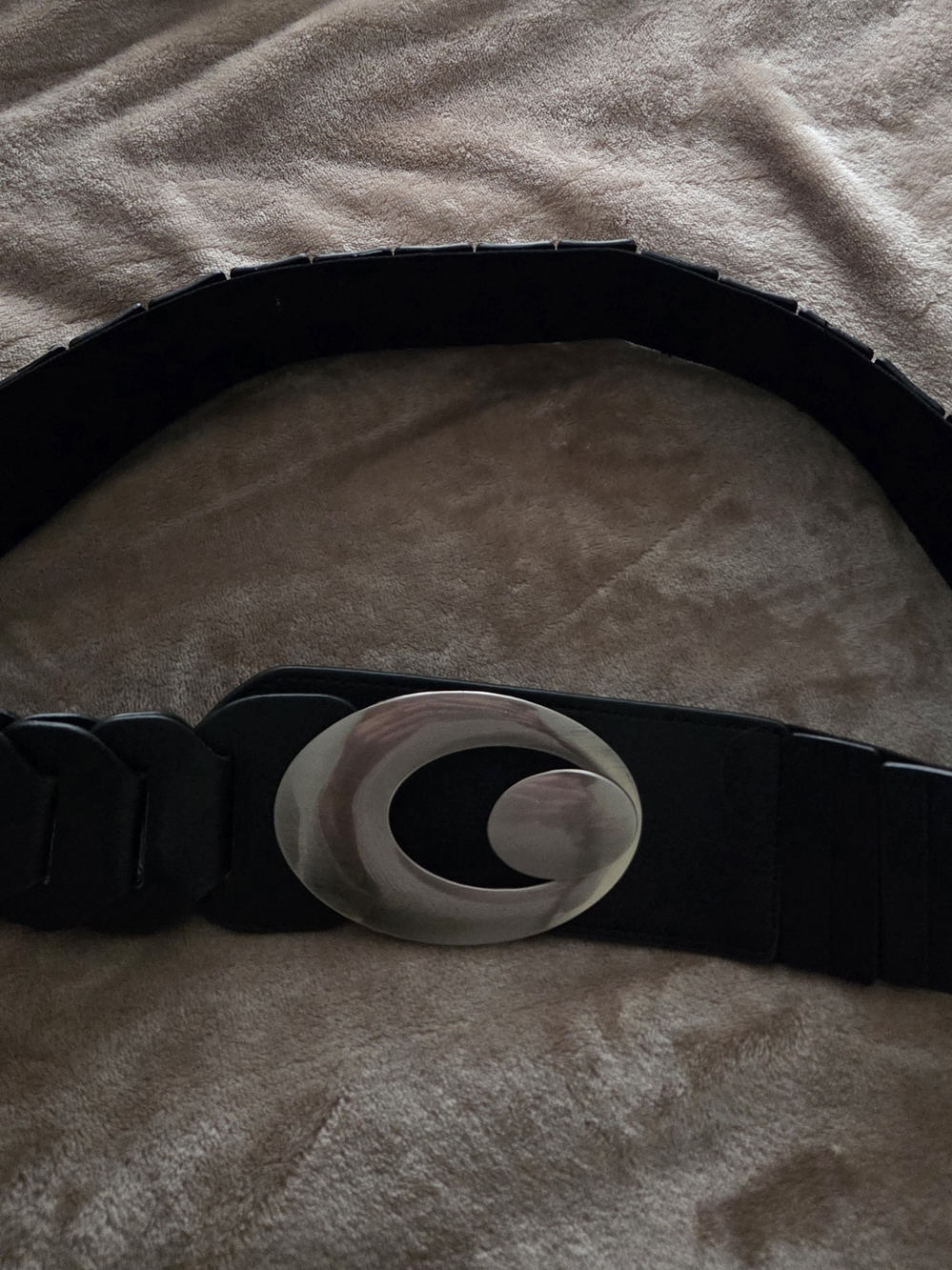 Black Stretch Waist Belt with Silver Oval Buckle